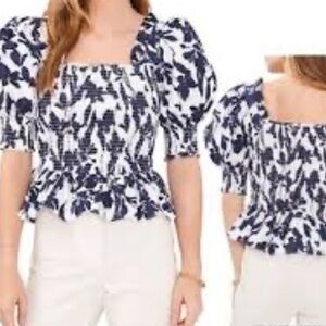 CeCe NWT cotton poplin smocked puff sleeve square neck top blouse M navy white